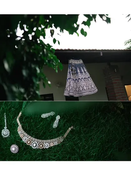 A collage of bridal details, showing the elegant reception lehenga and the beautiful diamond necklace set.