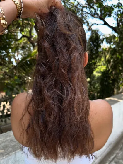 The ponytail view of the 'Biscuit Brown' hair.