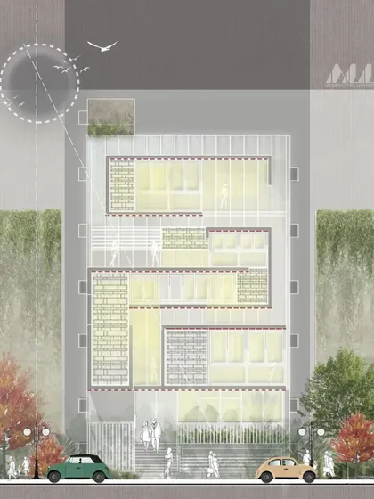 This image is another look at the night-time visualization for the SCC complex, demonstrating how the building's identity is shaped by the interplay of light and architectural form.