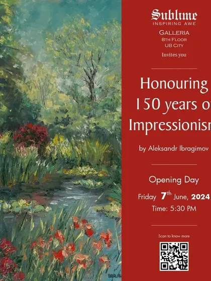 The official invitation for 'Honouring 150 Years of Impressionism' by Aleksandr Ibragimov. The featured artwork is a beautiful landscape reminiscent of Monet's garden at Giverny.