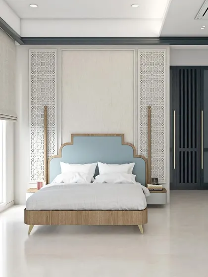 Another view of the Mediterranean-inspired guest bedroom render, showing the spacious and airy layout.