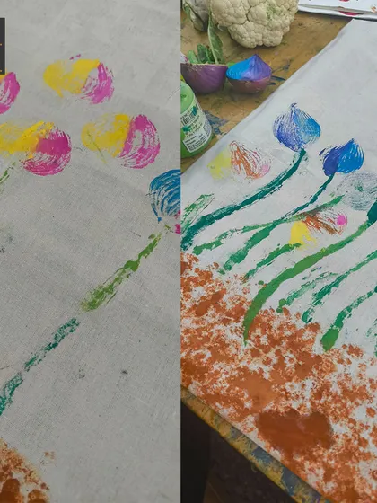Here you can see the process and the result of our vegetable printing. We used cauliflower and onions to create these beautiful flower-like patterns on fabric.