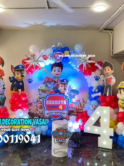 A fun-filled Paw Patrol theme for a 4th birthday celebration. We created a complete scene with character cutouts of the whole pup squad, a custom backdrop, and a vibrant red, blue, and white balloon arrangement.