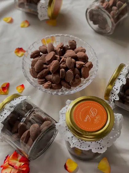 A beautiful spread of our Father's Day treats, including jars of slow-roasted choco almonds, ready for gifting.