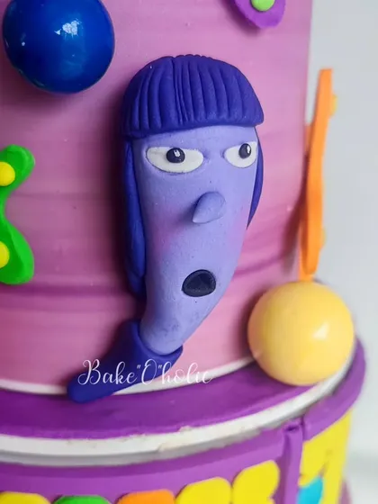 Another detailed shot of a character from the 'Inside Out' cake. I use fondant just for these small, artistic accents, keeping the cake itself delicious with a ganache coating.