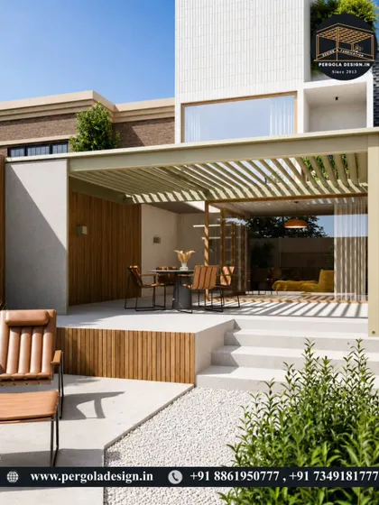 A vertical view of the modern patio pergola, highlighting the clean integration with the home's architecture. The wood-paneled walls and louvered roof create a warm yet contemporary outdoor living space.