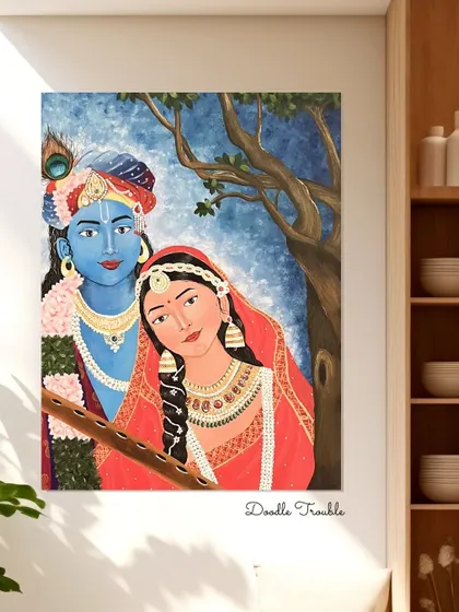 This Radha Krishna painting is all about capturing their divine connection and serenity. I focus on the intricate details of their attire and expressions to create a piece that brings a peaceful, loving energy to any room.