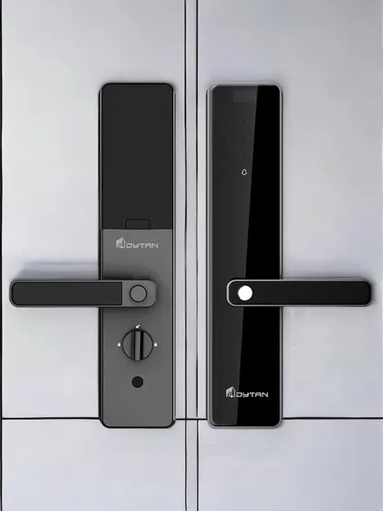 A view of my smart lock in a sleek black finish. It features multiple unlocking methods, including fingerprint, mobile app, passcode, and smart card for complete flexibility.
