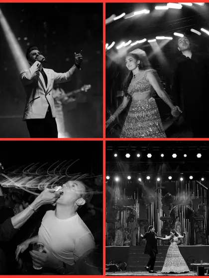 The Sangeet night in monochrome. This collage captures the essence of the party: a live performance, the couple's dance, and the unrestrained fun on the dance floor.