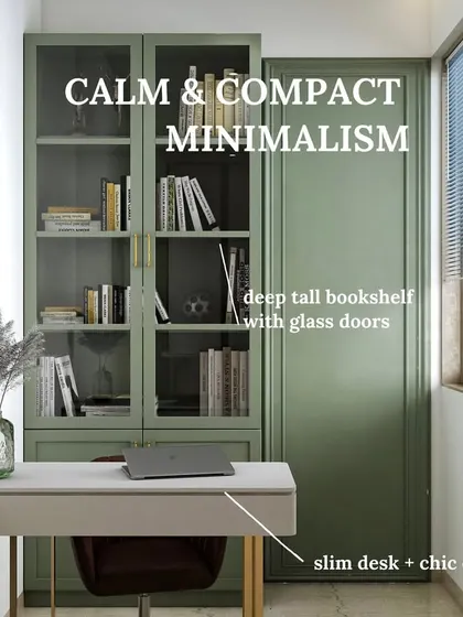 A 3D render of a compact yet chic study setup with a slim desk, elegant chair, and a muted green tall bookshelf, making efficient use of space.