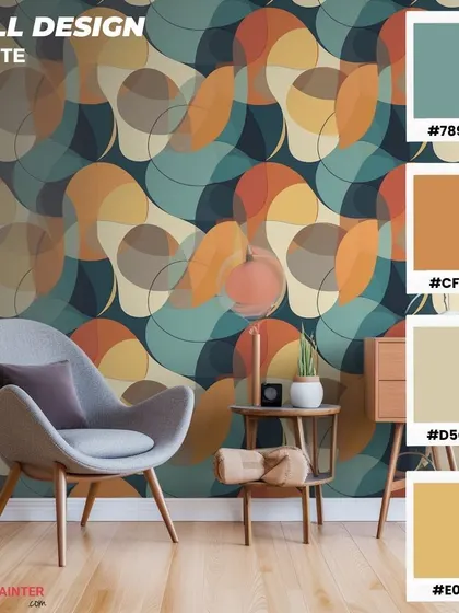 This wall design palette showcases a retro-inspired geometric pattern with a mix of teal, orange, and beige, perfect for a mid-century modern look.