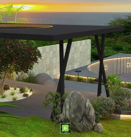 This render from the Goa project showcases the entrance and parking area. The design includes a modern carport, natural rock formations, and a driveway that curves gracefully through the landscape.