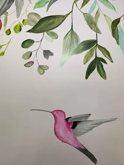 My favorite little pink hummingbird from a recent residential mural. The subtle shading gives it a soft, almost fluffy appearance.