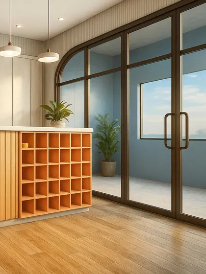 The reception area for this educational space features a fluted counter and custom wooden cubbies for storage. The large, arched glass doorway provides a visual connection to the outdoors and fills the room with natural light.