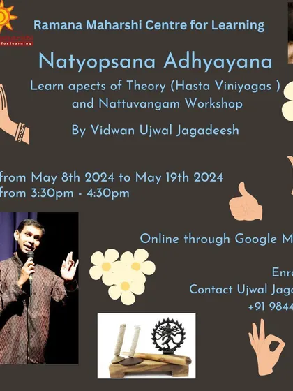 Our Natyopasana Adhyayana workshop is designed for students to learn the theoretical aspects of dance. This online session covers Hasta Viniyogas (hand gestures) and the fundamentals of Nattuvangam, the art of rhythmic direction in Bharathanatyam.