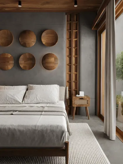 A close-up view from the side of the bed, highlighting the texture of the concrete wall and wooden elements.