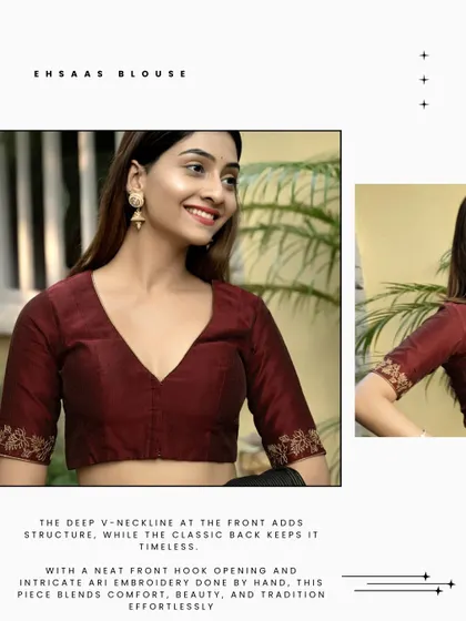 The Ehsaas blouse, featuring a deep V-neckline and intricate Ari embroidery on the sleeves. This piece blends comfort, beauty, and tradition effortlessly with its front hook opening.