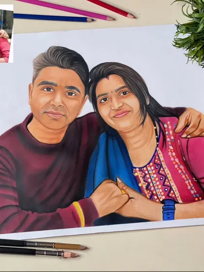 A warm and loving A3 portrait created with colored pencils. The way they hold each other and their gentle smiles make this a really heartfelt piece.