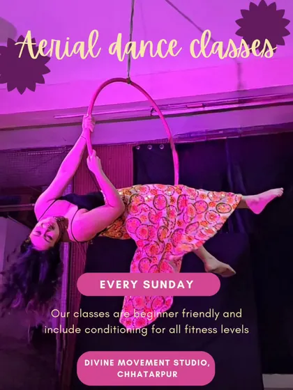 Ready to take your fitness to new heights? This poster for my beginner-friendly aerial dance classes shows a student finding her grace in the hoop. We focus on conditioning and step-by-step progressions every Sunday.