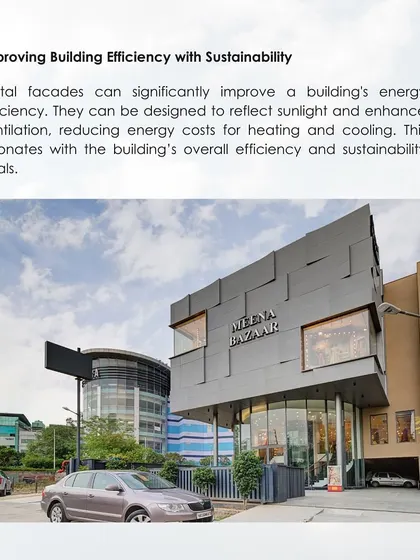 For the Meena Bazaar retail store, we designed a metal facade to improve the building's energy efficiency. The angular, modern design helps reflect sunlight and enhance ventilation, resonating with the brand's identity and sustainability goals.