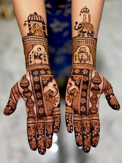 A straight-on view of the storytelling mehendi. The use of bold lines and negative space makes the narrative elements clear and impactful.