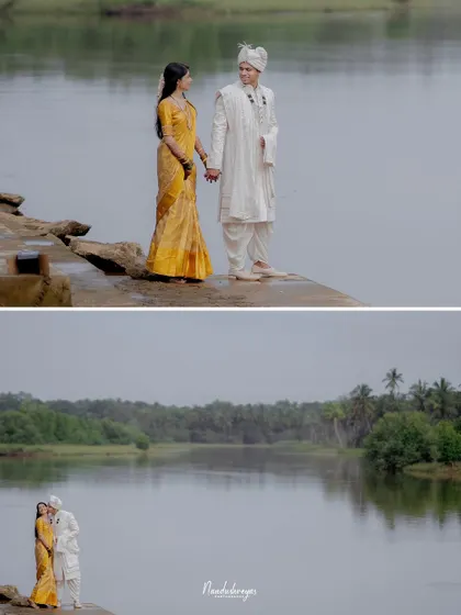 A two-panel image showing both a close-up and a wider view of the couple by the river, offering different perspectives.