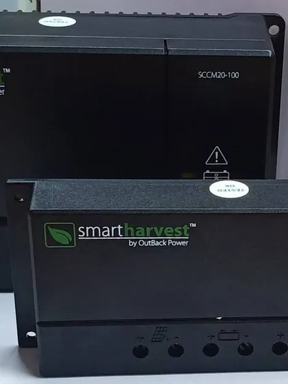 These are our SmartHarvest solar charge controllers, available in 5 amp and 20 amp models. A charge controller is a vital component that protects your battery and ensures your solar system runs efficiently.
