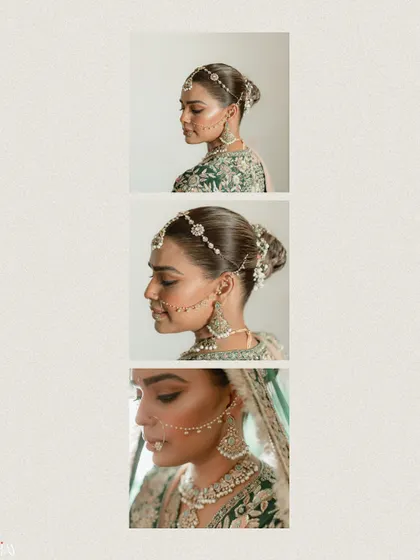 A triptych of the bride's side profile, showcasing her elegant hairstyle and traditional nose ring.
