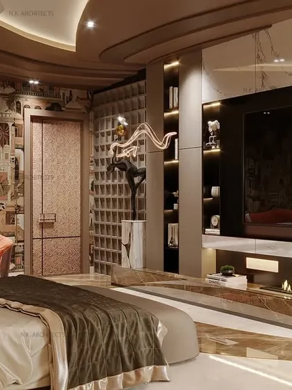 This angle shows the TV unit with an integrated fireplace and a unique wine-rack-style storage unit, adding both warmth and function to this luxurious bedroom.
