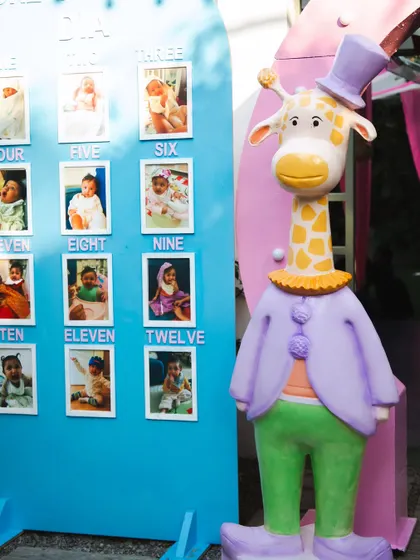 A detailed look at the 'One Year of Dia' milestone board, with a photo for each month of her first year. The board is guarded by a whimsical giraffe character in a top hat.