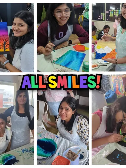 A collage capturing the smiles and prized creations from a Saturday workshop, featuring canvas painting, gold foil art, and macrame.