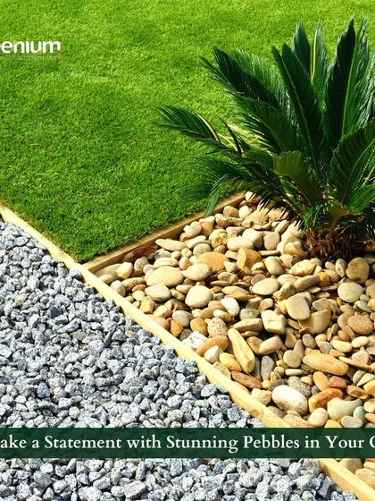 Make a statement with stunning pebbles in your garden. This image shows how different colored pebbles can be used to create beautiful borders and add texture next to an artificial lawn.
