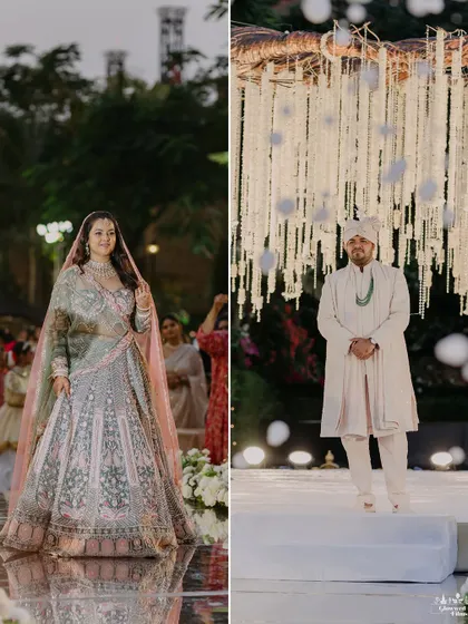 The bride's grand entrance and the groom's patient wait. I design the aisle and mandap to create these breathtaking moments, with elements like a reflective walkway and a canopy of hanging florals adding to the drama.