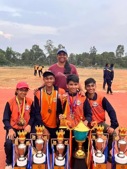 The team celebrating a hugely successful CISCE National Athletics Meet in Bangalore. We brought home multiple trophies and medals, a testament to our collective hard work.