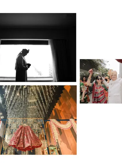 A collection of moments showing the groom's anticipation, the bride's grand entry, and the beautiful wedding decor, all leading up to their union.