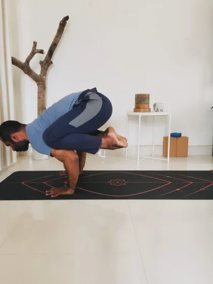 The path to Nakarasana starts with foundational poses. Here we see the progression from a preparatory squat to Kakasana (Crow Pose), building the necessary pelvic tension and spinal extension.