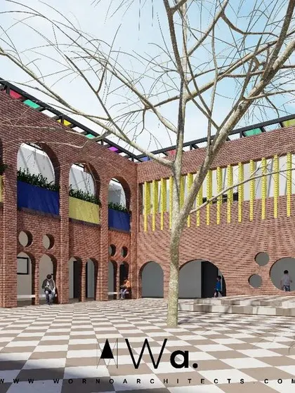 This render visualizes the transformation of a primary school courtyard into an intuitive and playful space for children. By using brick arches, circular cutouts, and a central tree, we aim to create a nurturing environment that encourages curiosity and connection with nature.