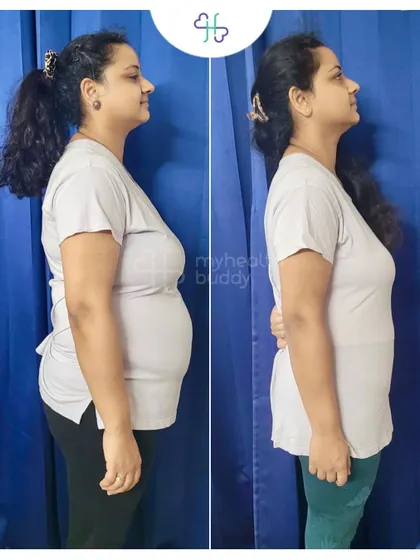 Side view of her progress. She achieved this while managing a family and work, proving it's possible.