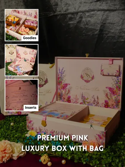 This premium pink luxury box comes with a matching bag and is perfect for a floral-themed wedding. It includes custom inserts and space for goodies, making it a complete invitation package.