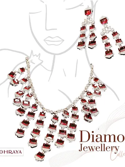 An illustrated graphic of a cascading ruby and diamond necklace, showcasing the modern and glamorous designs in our collection.
