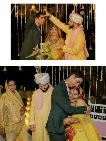 Emotional moments from the wedding ceremony, showing blessings from family members and a heartfelt hug.