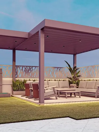 This render showcases the terrace's evening look, with a fireplace feature and ambient lighting under the pergola, creating a warm and inviting space for nighttime entertaining.