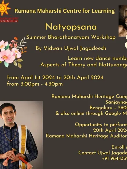 An announcement for our summer Bharathanatyam workshop, Natyopsana. This intensive program, available both in-person and online, allows students to learn new dance numbers, theory, and Nattuvangam, with a chance to perform at the conclusion.