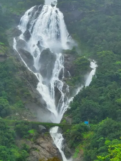 The full splendor of Dudhsagar Falls, shaped like a diamond of milk flowing down the mountains. This is a view you'll never forget.