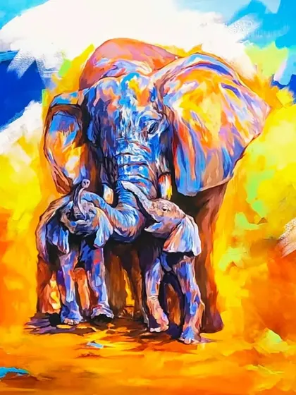 Titled 'Mother Love', this large 5 by 4 feet canvas shows the tender bond between an elephant and her calves. I used an abstract and colorful approach to convey emotion and the majesty of these incredible animals.