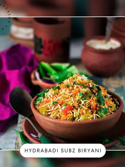 A vegetarian delight, my Hyderabadi Subz Biryani is cooked with fragrant basmati rice, mixed vegetables, and exotic spices. This dish brings the authentic taste of Hyderabadi cuisine to your event.