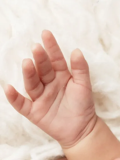 A close-up of a newborn's tiny, open hand, showing all the lines and details.