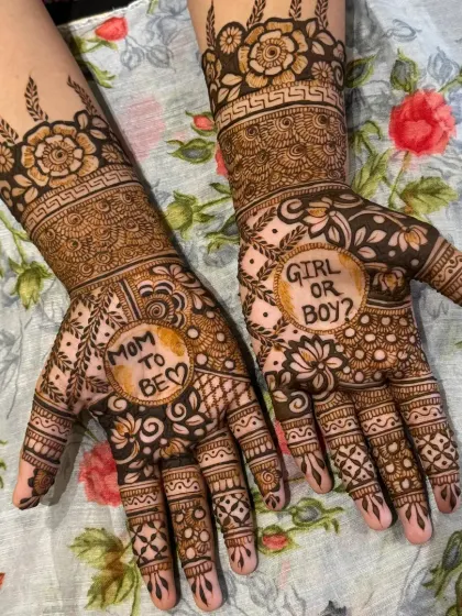 Celebrating a new arrival with special baby shower mehndi. I had so much fun creating this design with "Mom to be" and a playful "Girl or Boy?" motif right on the palms.