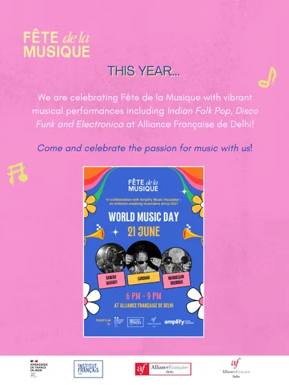 An informational graphic detailing our Fête de la Musique celebration, featuring Indian Folk Pop, Disco Funk, and Electronica. We showcase a wide variety of musical genres to appeal to diverse tastes.