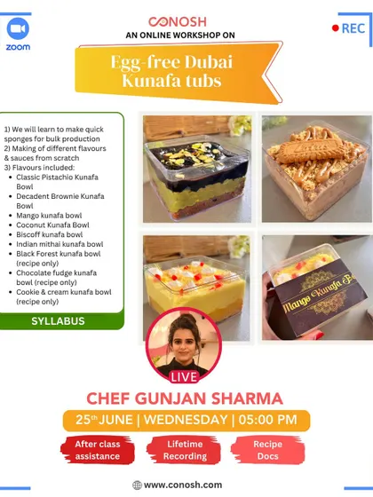 Learn to make trendy egg-free Dubai Kunafa tubs, perfect for bulk production. The workshop covers quick sponges and a variety of flavors, from Classic Pistachio to Decadent Brownie.